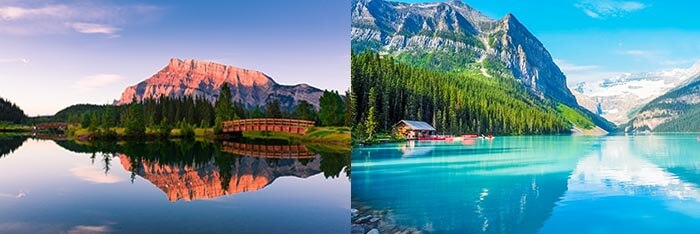 Mountains reflected in still lakes