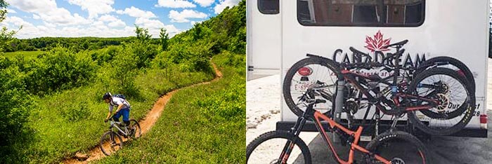 Mountain bikes mounted on a CanaDream RV