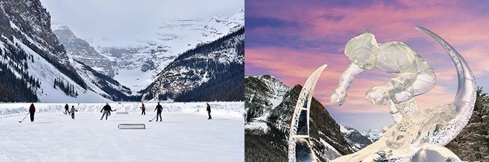 Pond hockey at Lake Louise and Ice sculpture